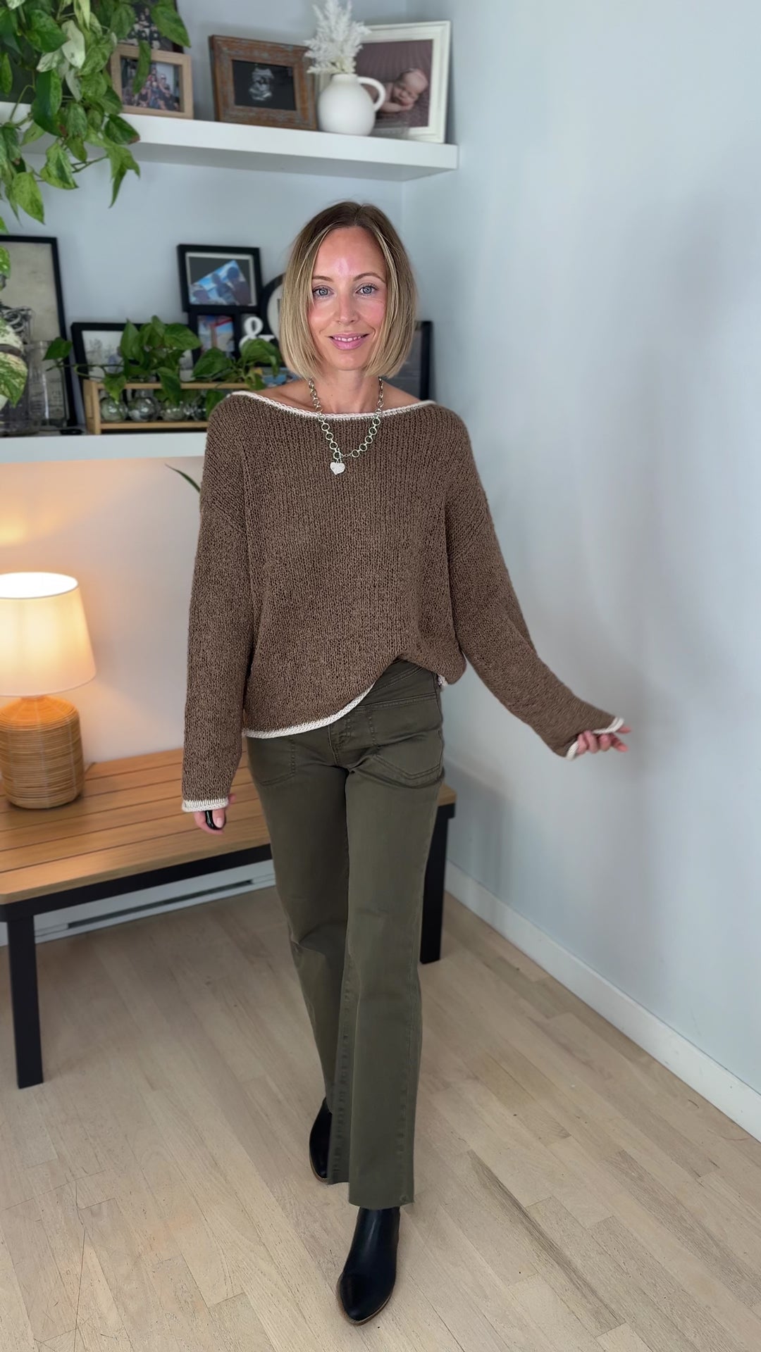 Harvest Colorblock Trim Sweater- MOCHA