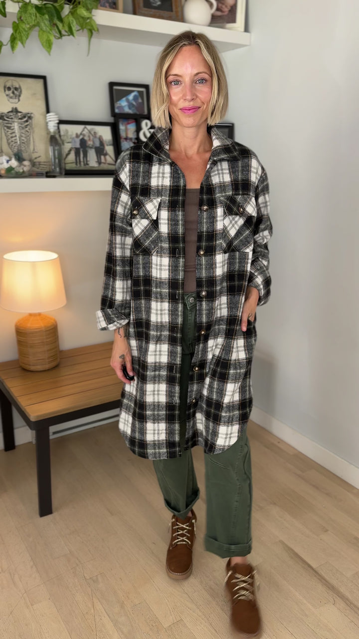 Out West Plaid Flannel Shacket- BLACK/OLIVE MUTLI