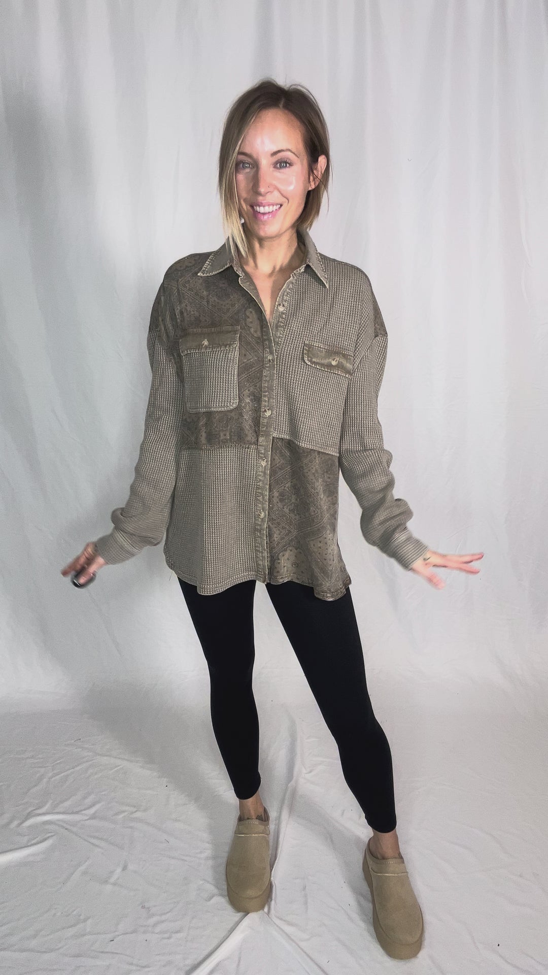 Amera Paisley Print Mix Button Down Shacket- COFFEE