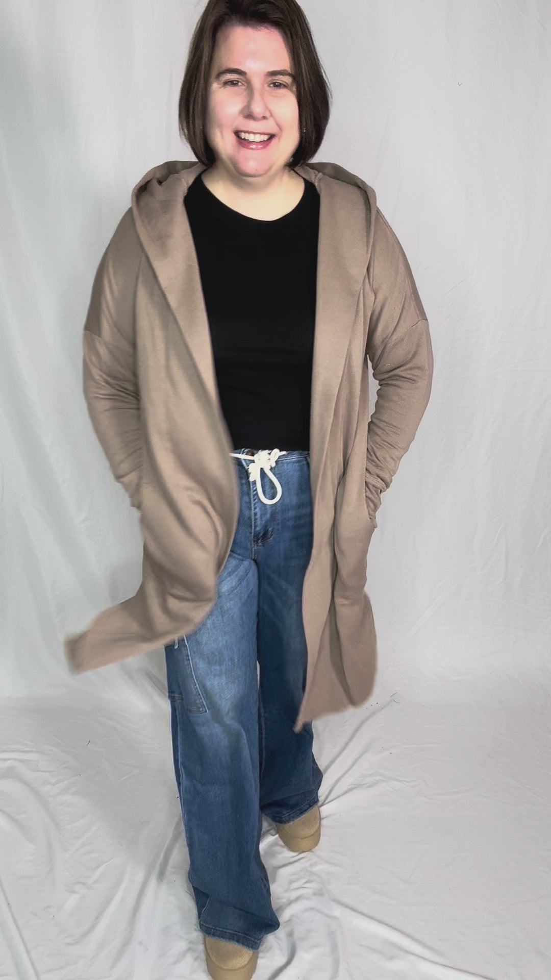 MONO B Whistler Longline Hoodie Cardigan- CREAMY TAUPE