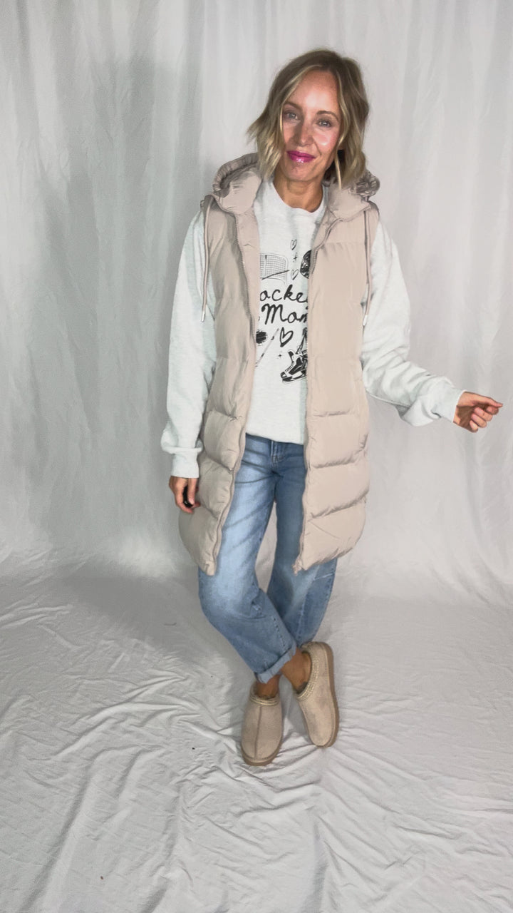 Maria  Hooded Zipper Longline Puffer Vest- COOL TAUPE GREY