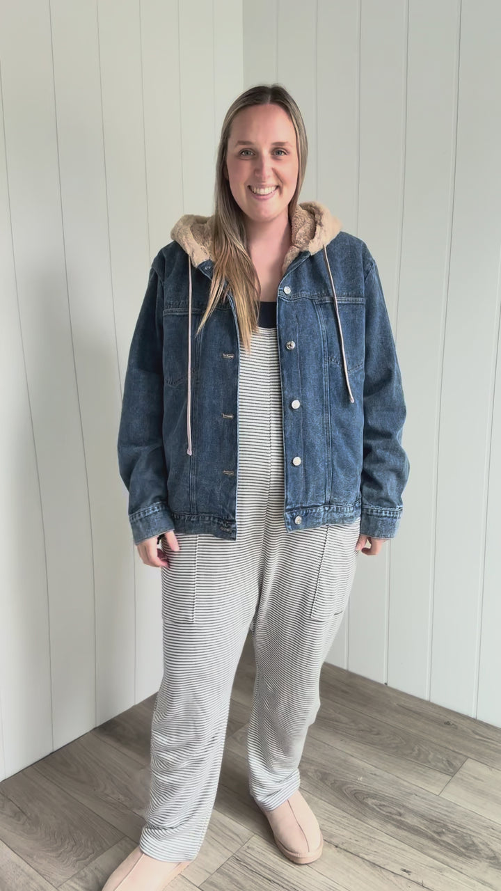Romilly Button Down Faux Fur Hooded Denim Jacket- MEDIUM WASH