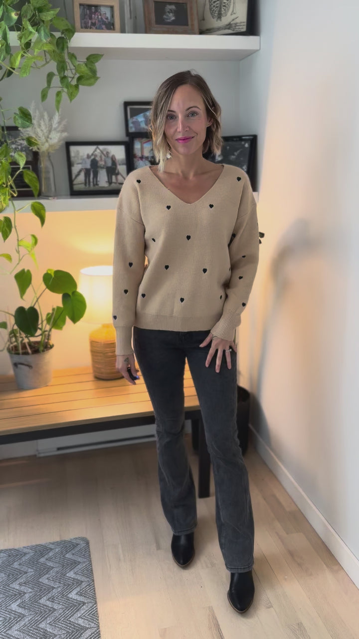 Lovely Embroidered Heart Sweater- TAUPE