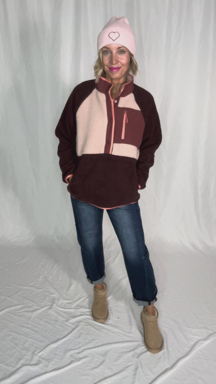 Tara Quarter Snap Sherpa Pullover- BITTER CHOCOLATE