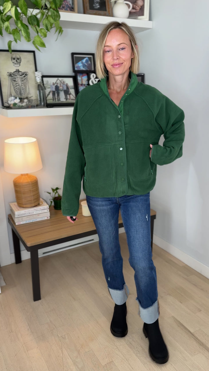 Janelle Snap Button Fleece Jacket- DARK GREEN