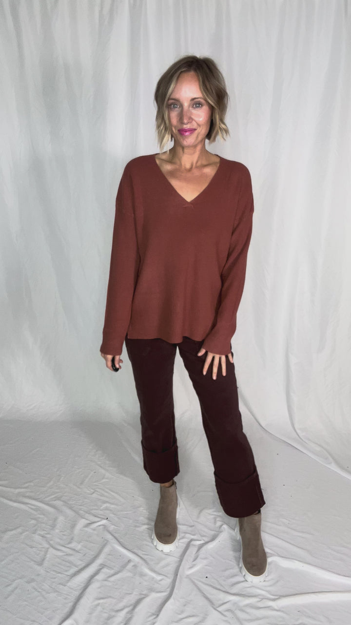 Jillian Knit V-Neck Drop Shoulder Sweater- BRICK