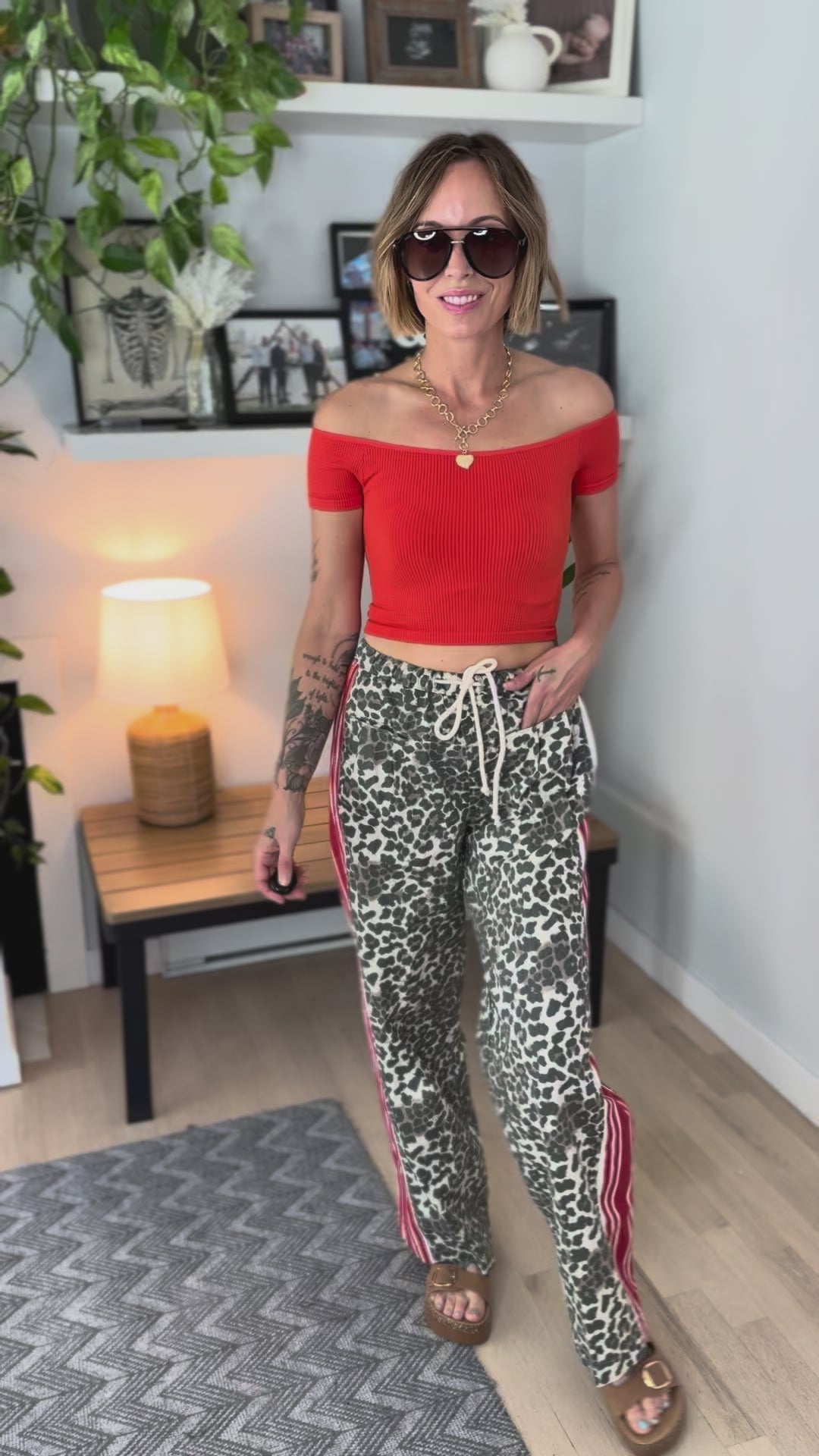 Coraline Heavy Cotton Drawstring Pant- LEOPARD/RED