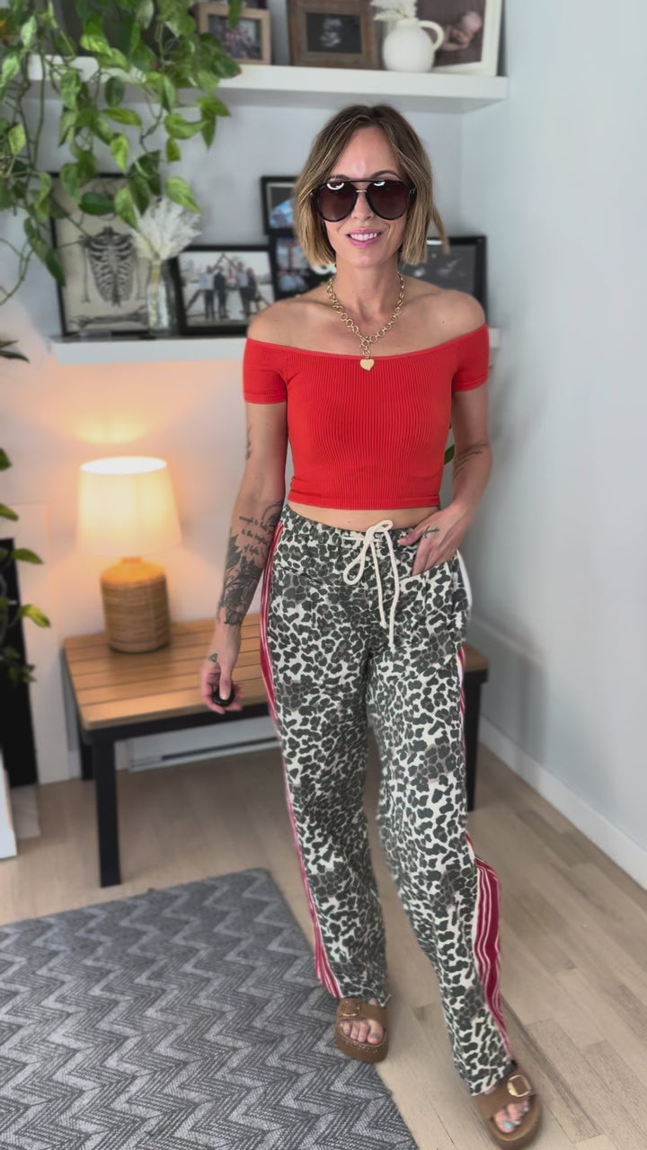 Coraline Heavy Cotton Drawstring Pant- LEOPARD/RED