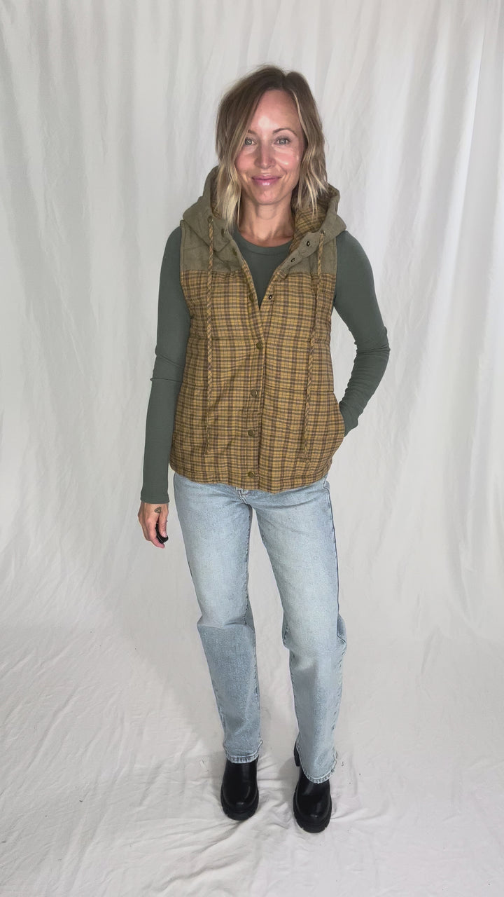 Larissa Corduroy Mixed Plaid Puffer Vest- MUSTARD