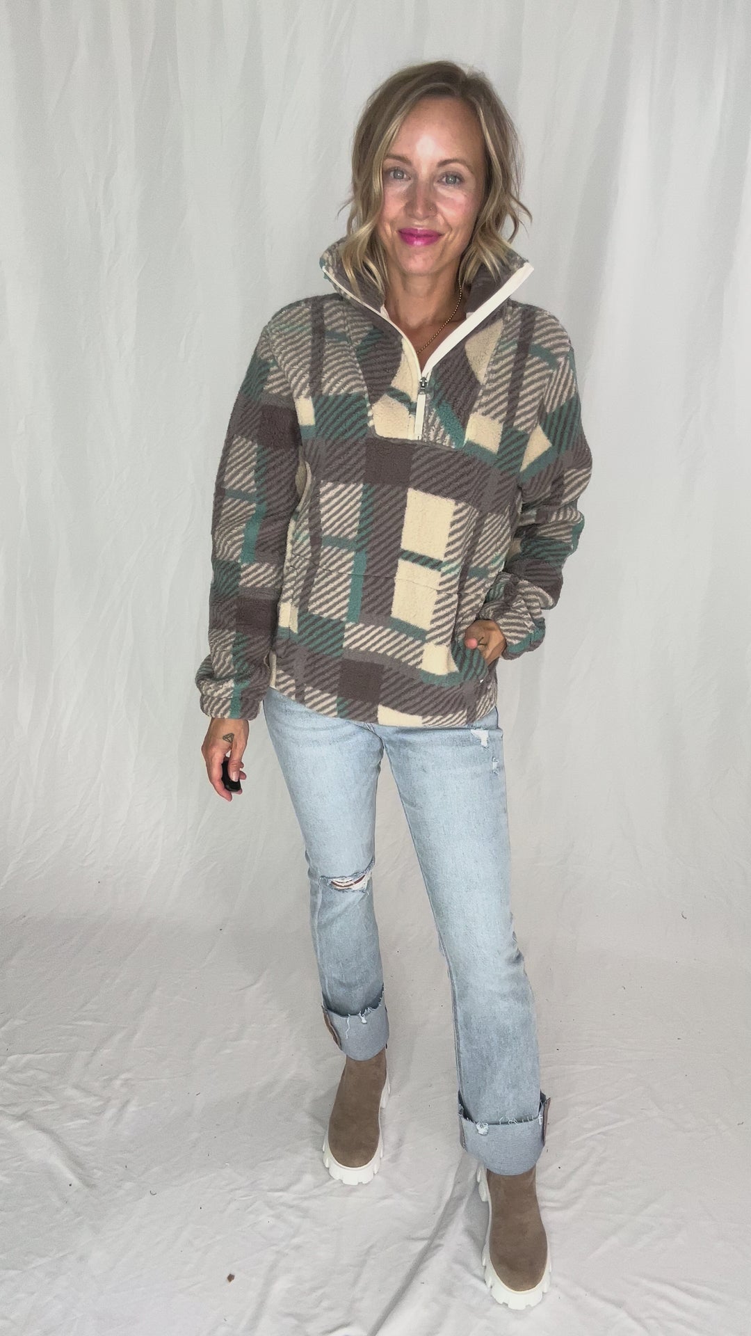 Ainsley Plush Sherpa Pullover- MODERN PLAID