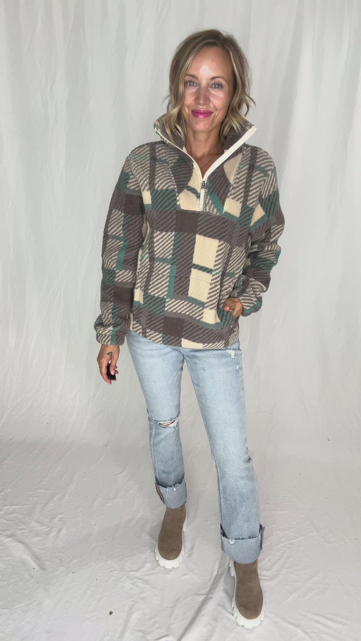 Ainsley Plush Sherpa Pullover- MODERN PLAID