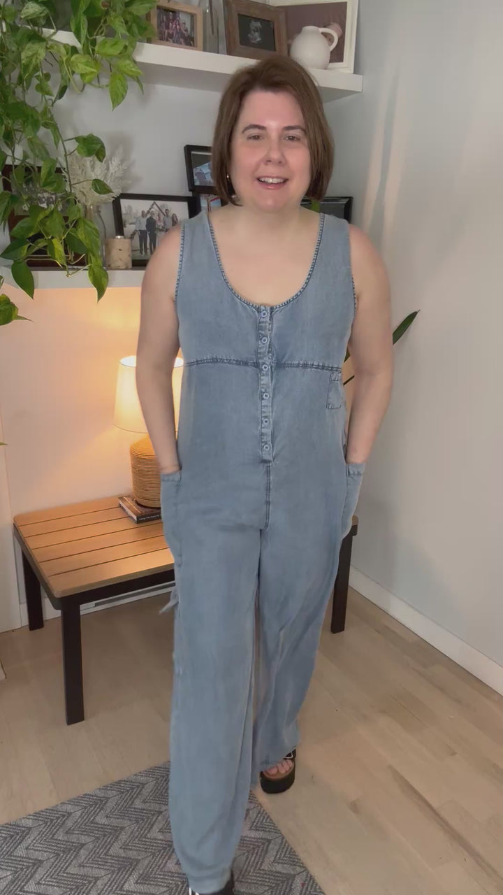 Celeste Wide Leg Tencel Cargo Pocket Jumpsuit- WASHED DENIM