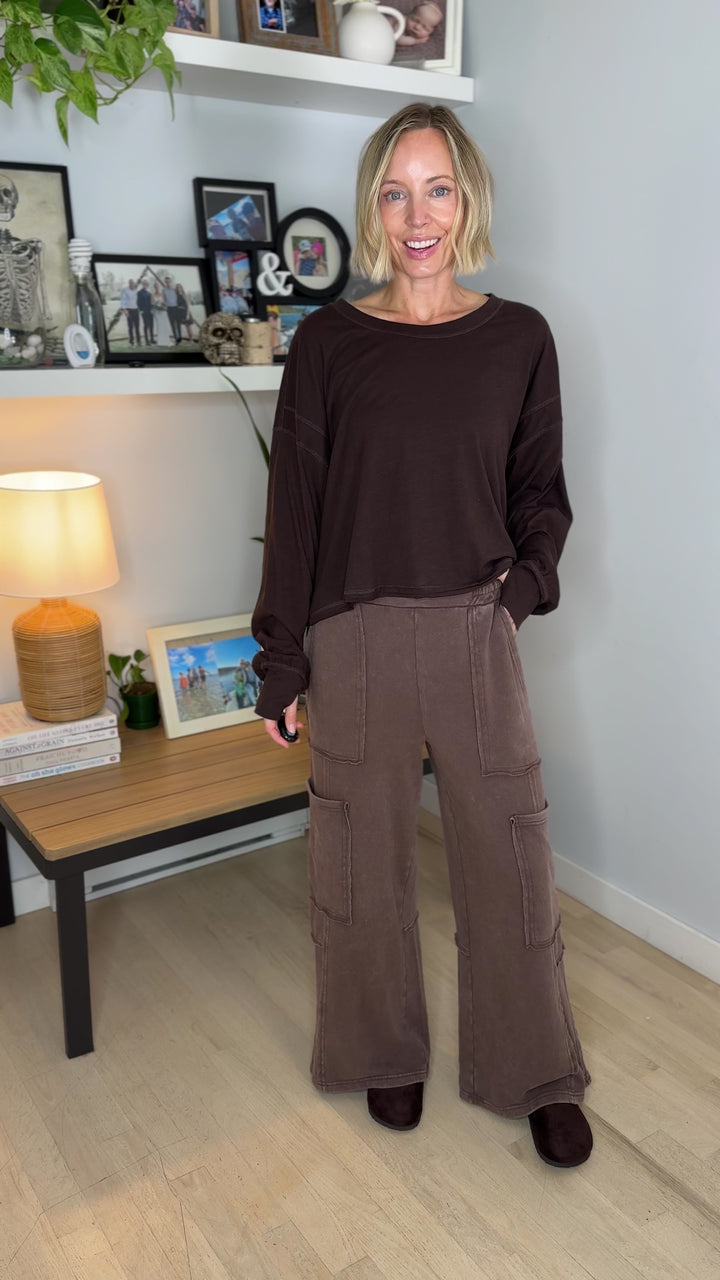 Holt Washed Wide Leg Sweat Pant- DARK BROWN