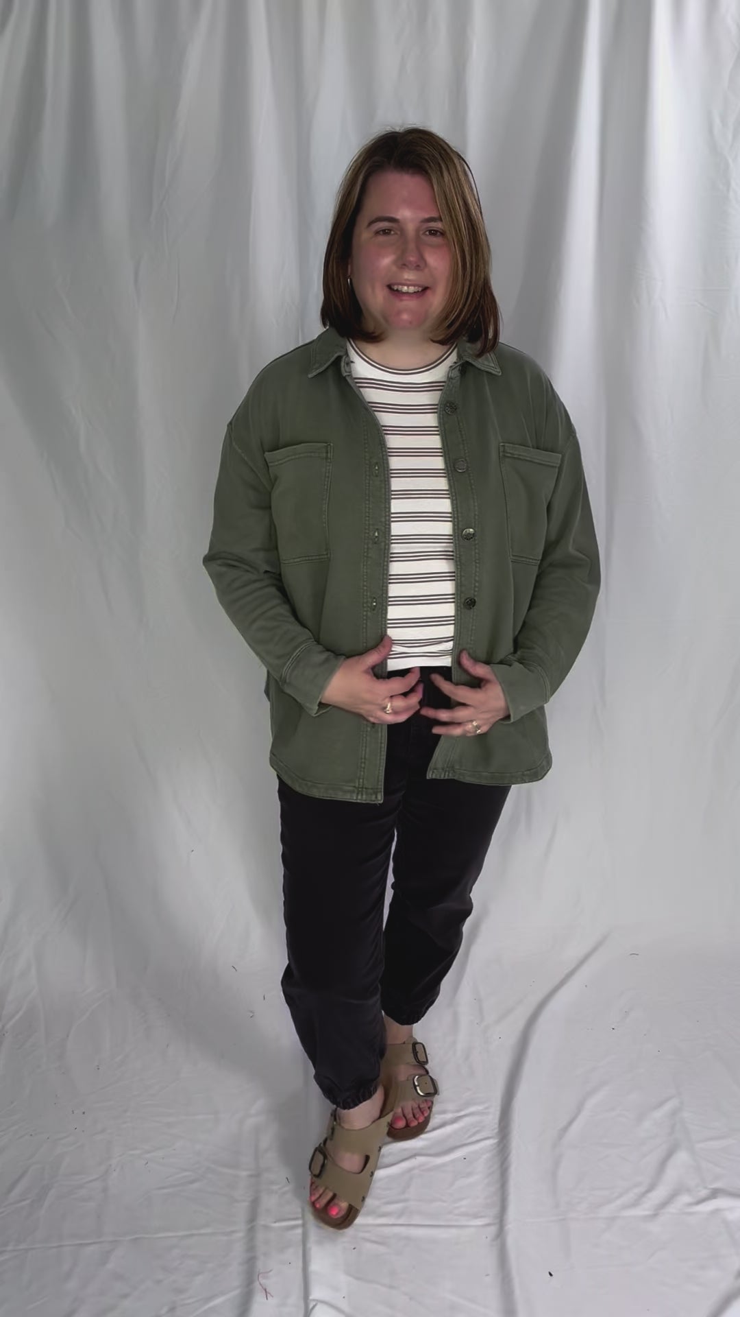 Bethany Washed French Terry Shacket- OLIVE
