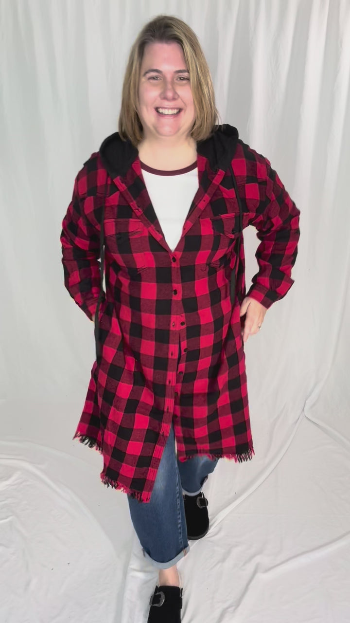 Falling Leaves Plaid Hoodie Jacket- RED