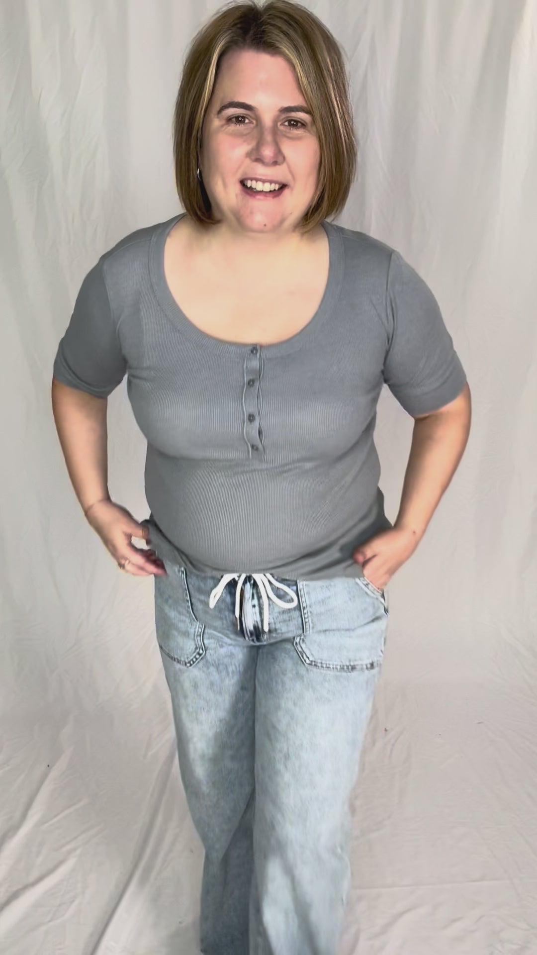 Melissa Ribbed 1/2 Sleeve Henley Top- VINTAGE BLUE