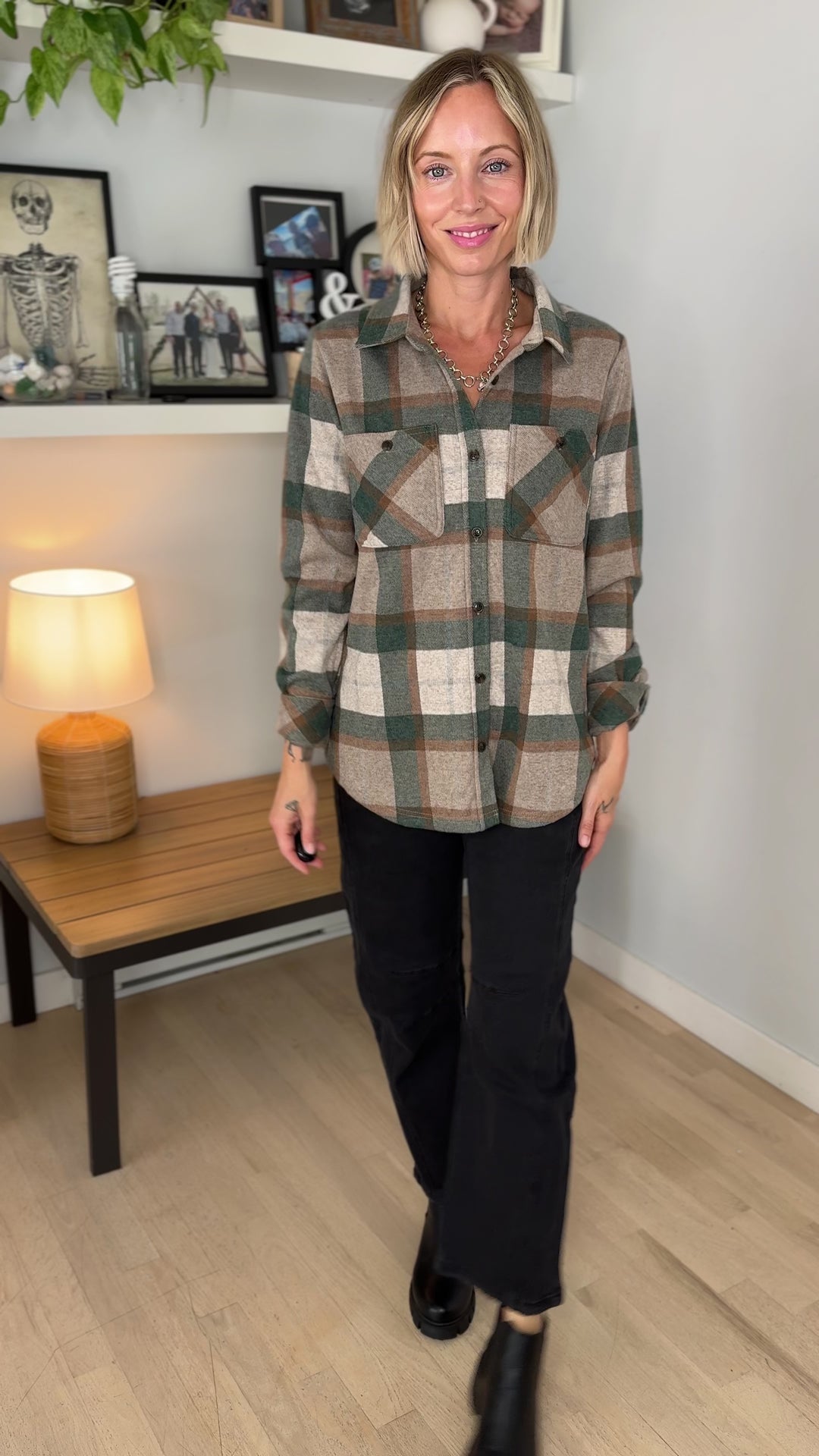 Arabella Plaid Button Up Shacket- TAN/GREEN/RUST