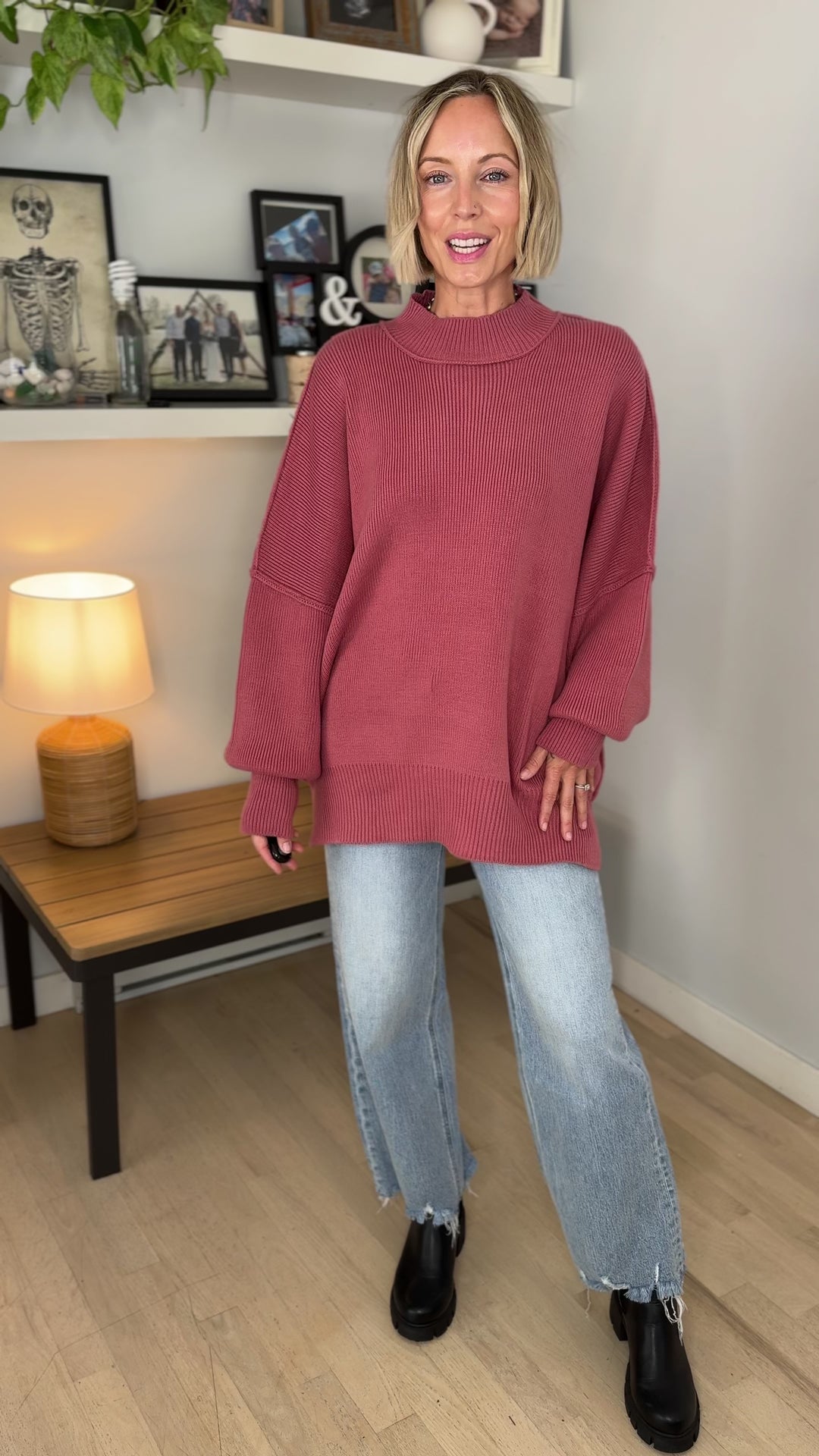 Frosted Pines Oversized Side Slit Sweater- WINTER ROSE