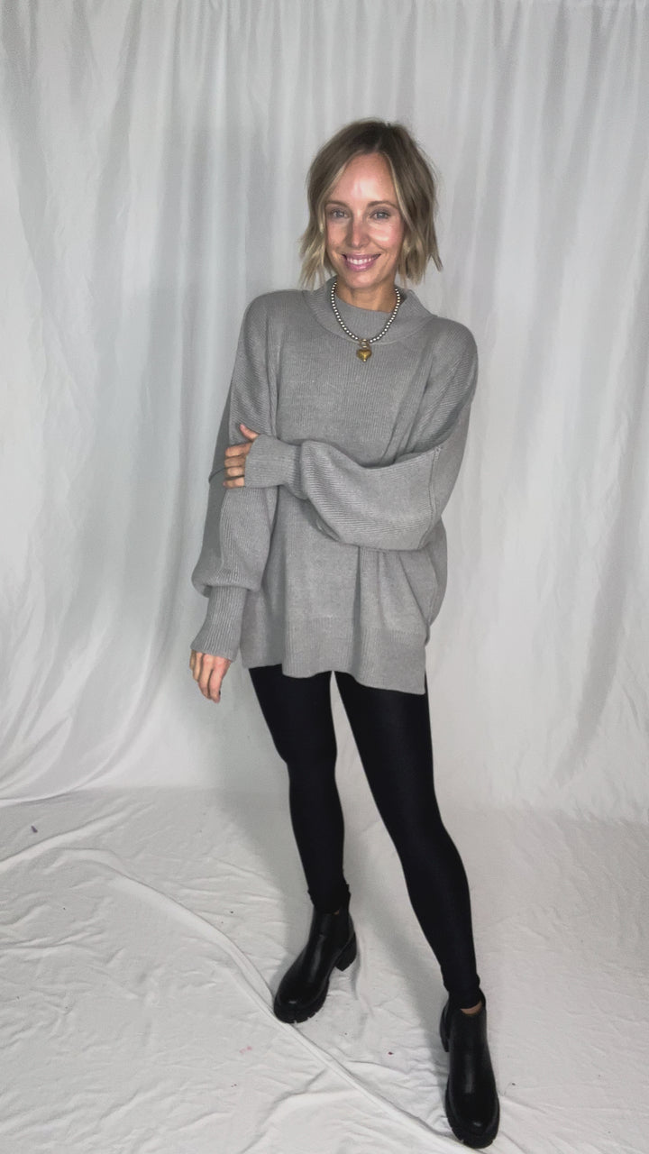 Frosted Pines Oversized Side Slit Sweater- HTHR GREY
