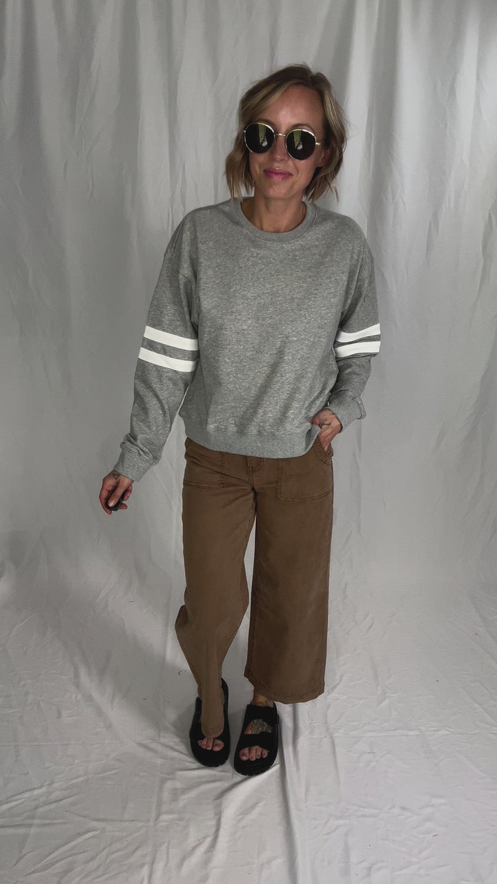 Varsity Striped Knit Pullover- HEATHER GREY-FINAL SALE