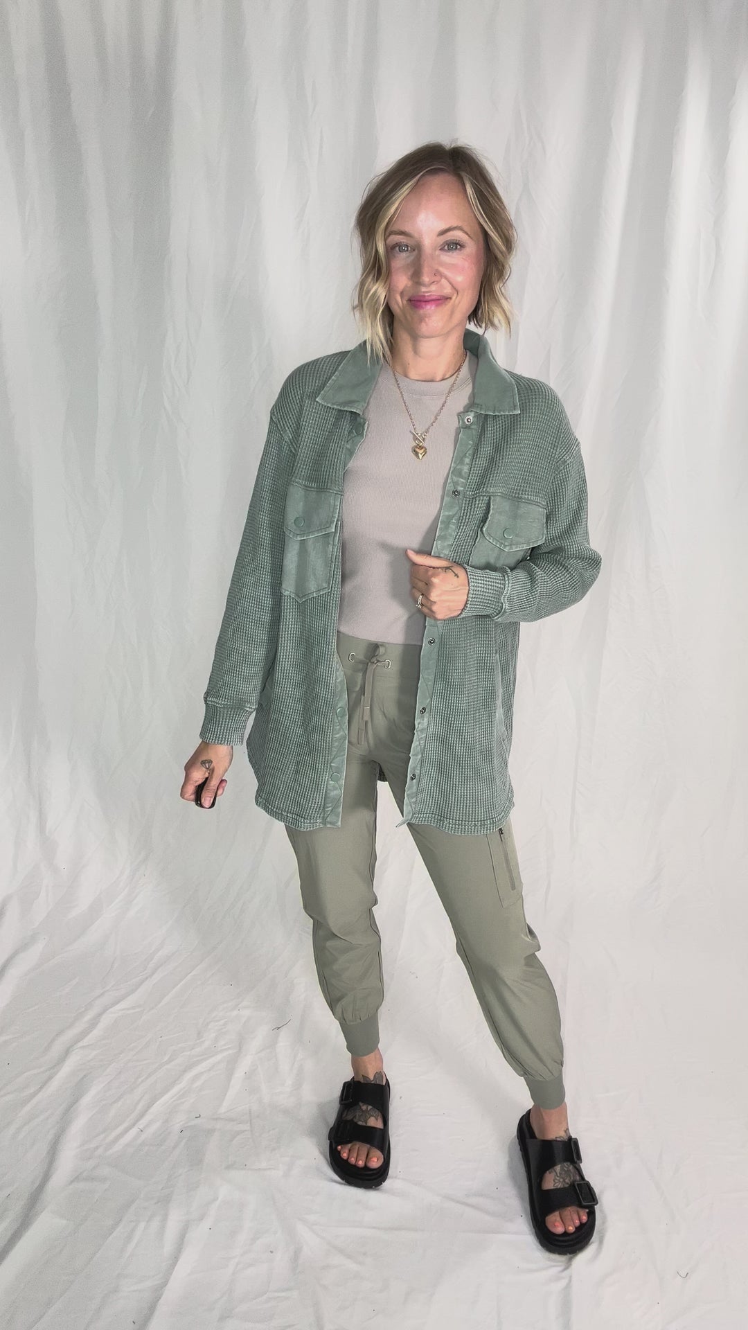 Mono B Marcia Waffle Knit Washed Button Down Jacket- SILKY PINE