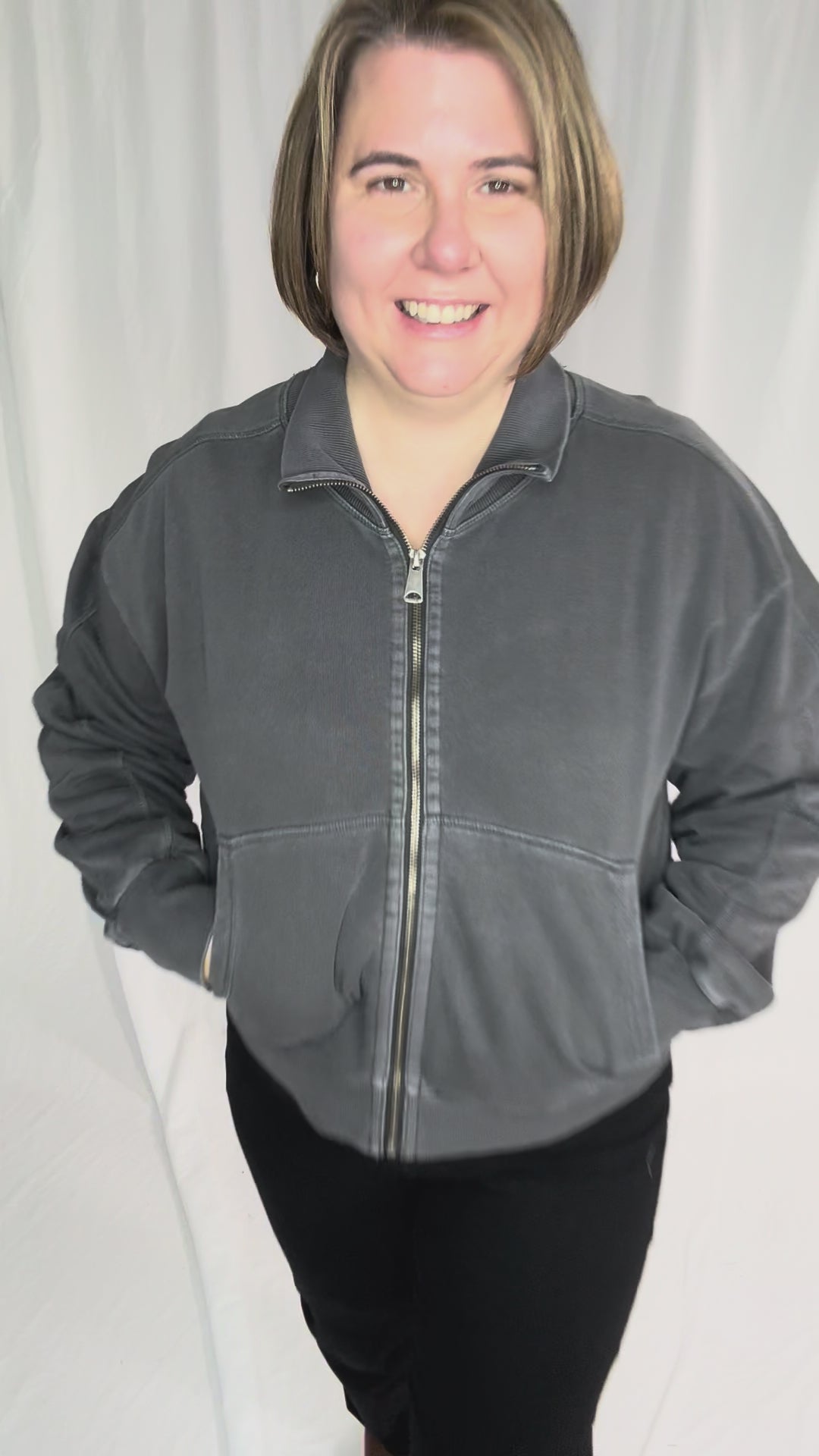 Adeline Cozy Acid Wash High Collar Full Zip- WASHED CHARCOAL