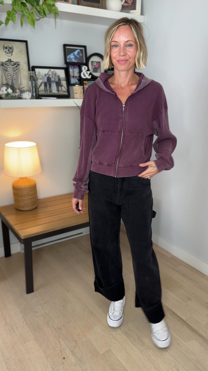 Tatum Washed Waffle Full Zip- DARK CHERRY