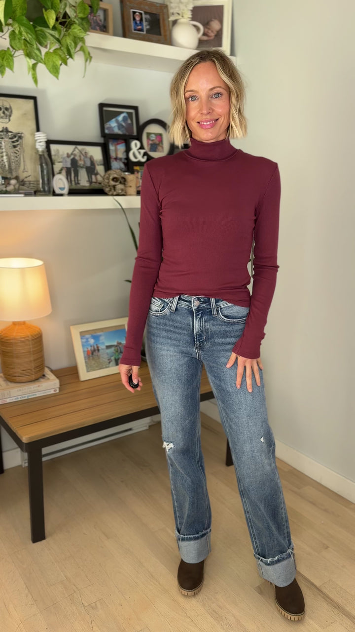 MONO B Linley Ribbed Mock Neck- ROSEWOOD