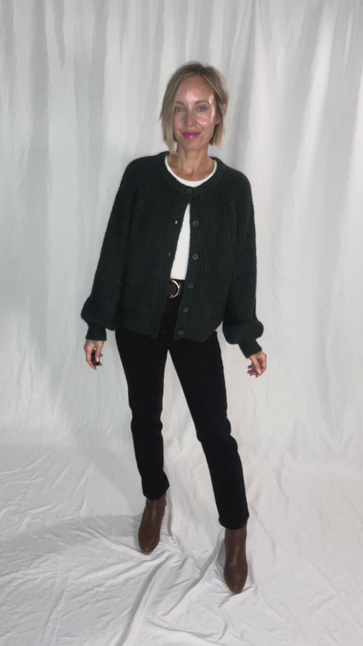 Krystle Button Cardigan- EVERGREEN