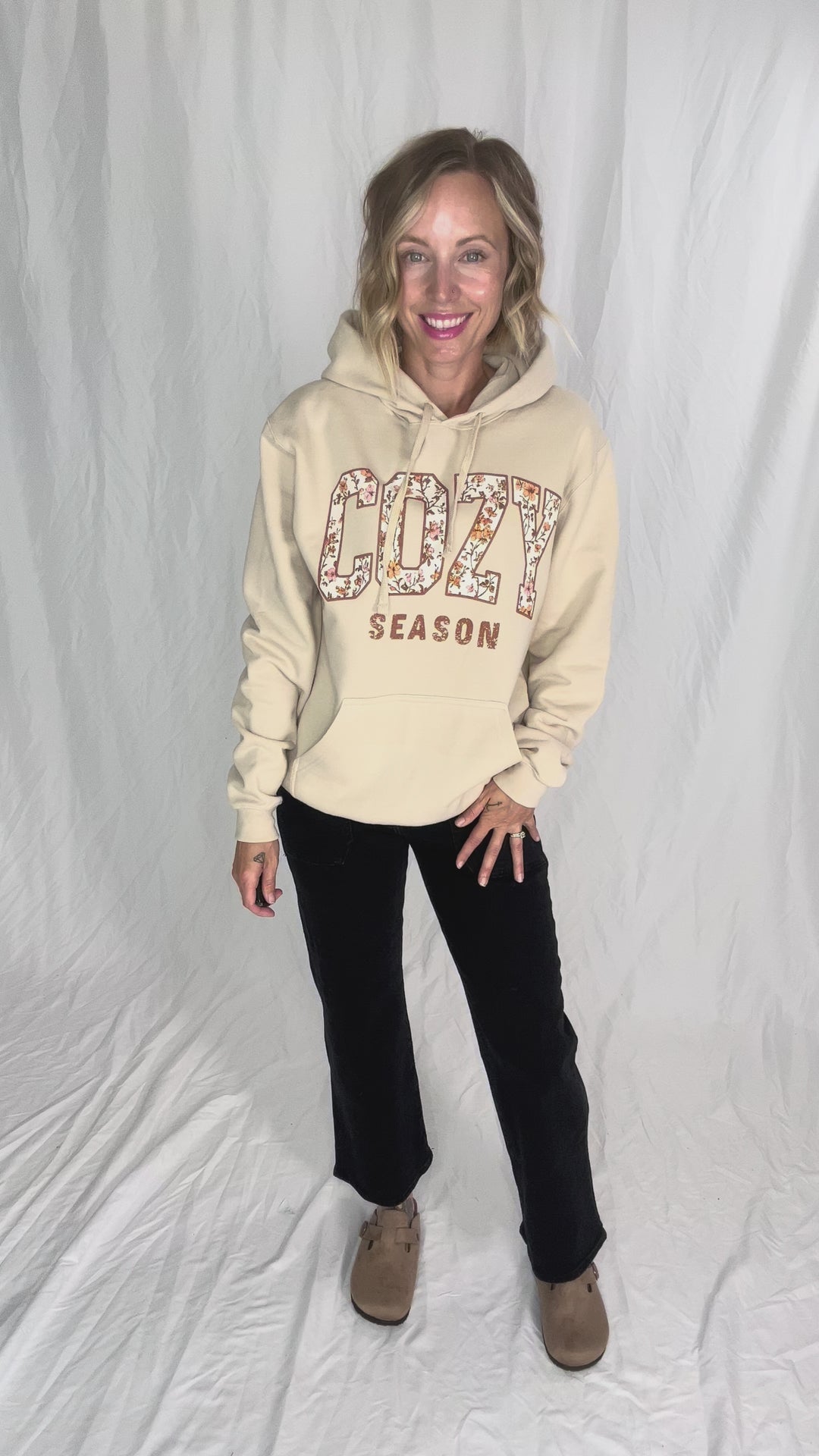 Cozy Season Floral Graphic Hoodie- OATMEAL