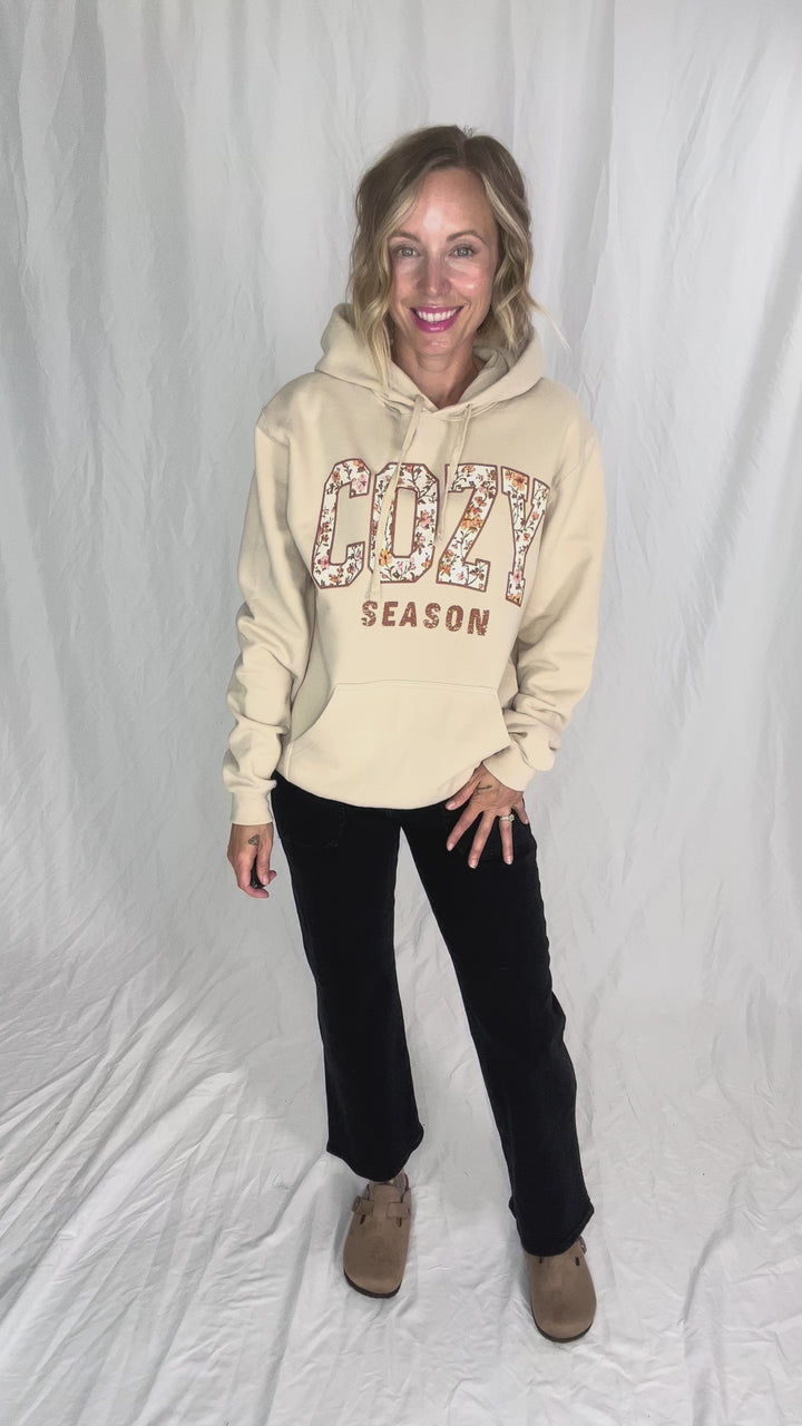 Cozy Season Floral Graphic Hoodie- OATMEAL