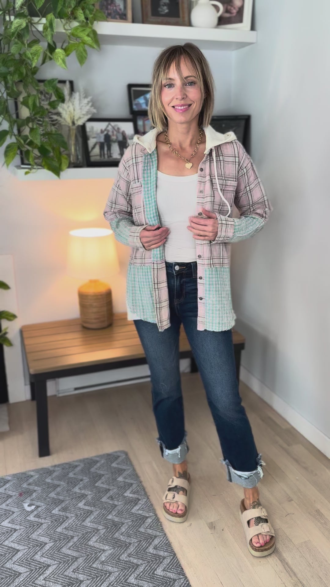 Beatrice Cotton Gauze Hooded Plaid- WASHED ROSE
