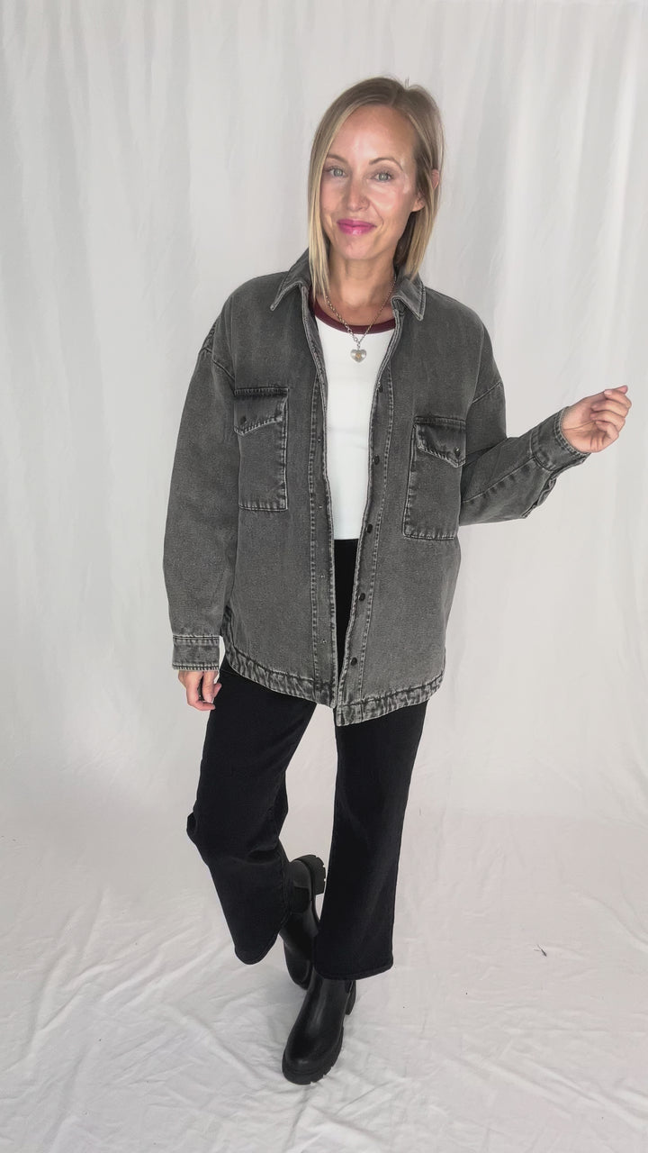 NOISY MAY Peyton Quilted Denim Shacket- DARK GREY