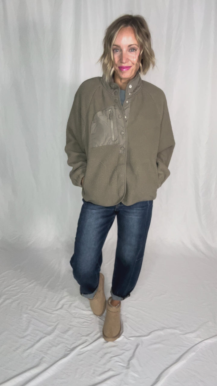 Jayde Fleece Button Up Jacket With Accent Pocket- SOFT OLIVE
