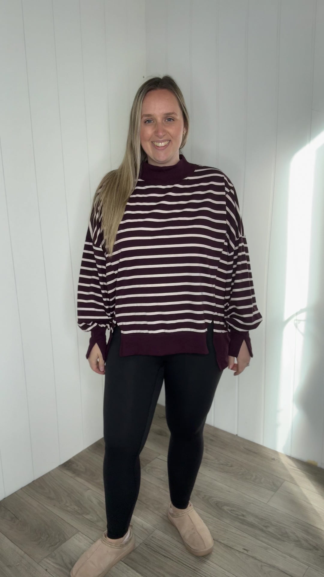 Juniper Mock Neck Stripe Pullover- RASBERRY/ECRU