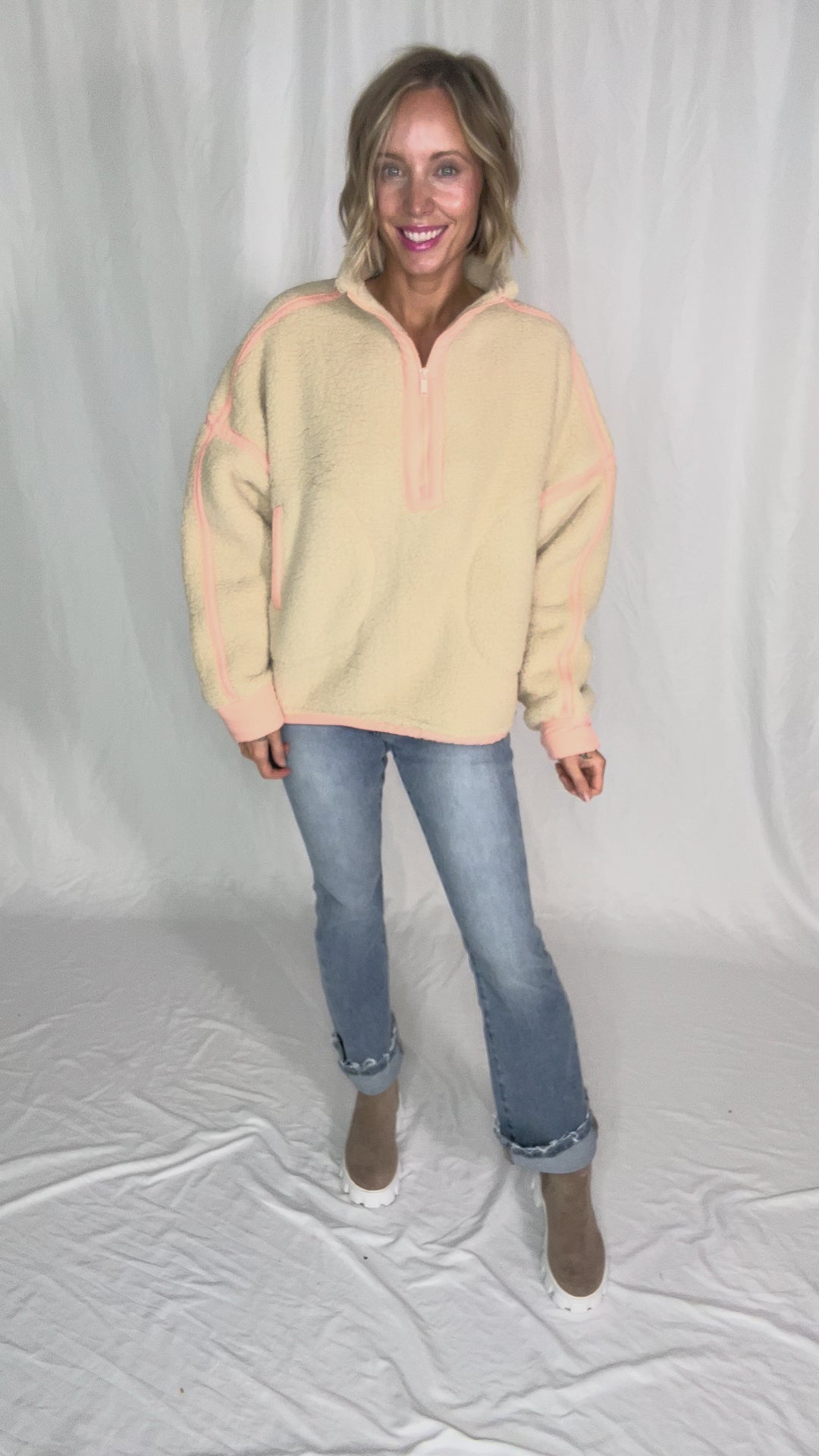 Tundra Mock Neck 1/2 Zip Sherpa Jacket- TAUPE /PEACH CREAM