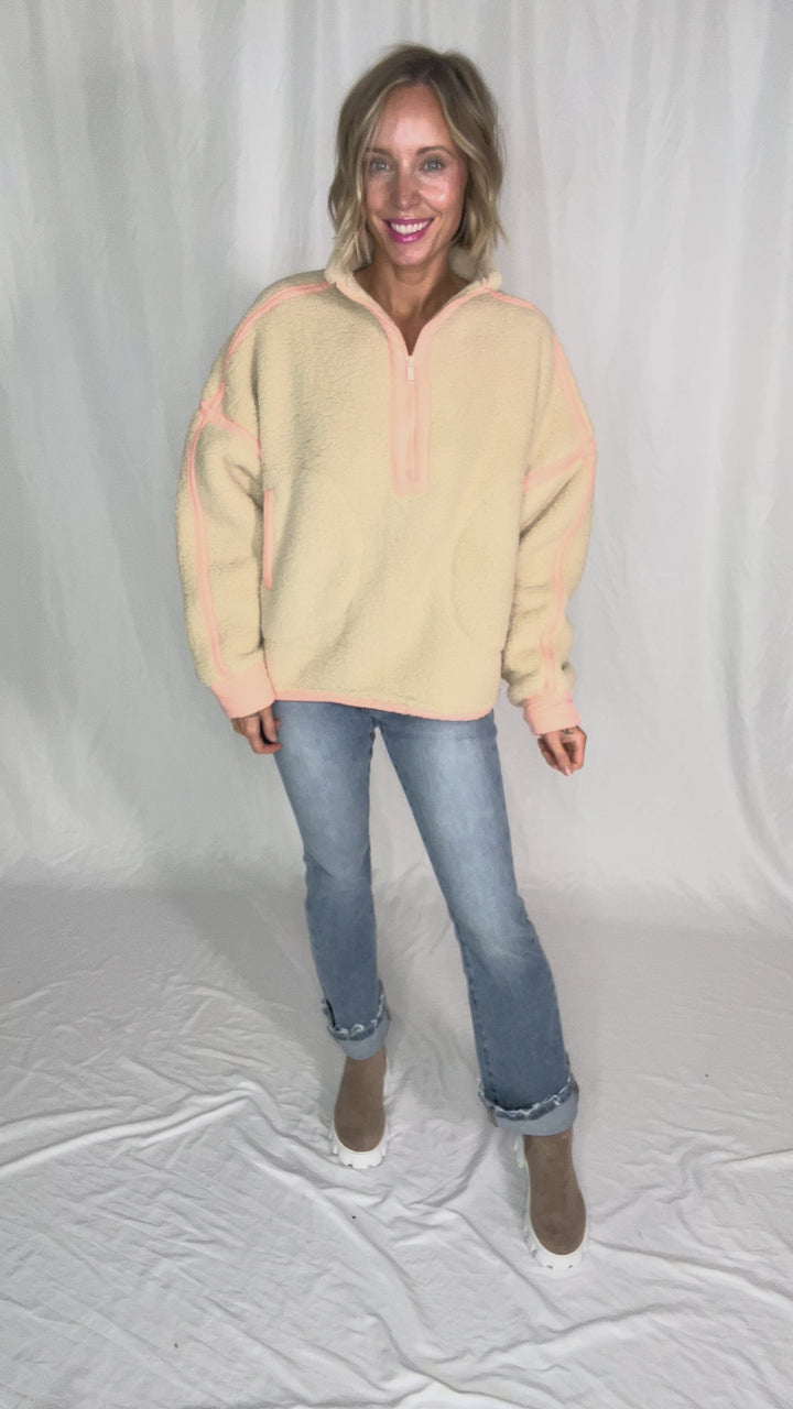 Tundra Mock Neck 1/2 Zip Sherpa Jacket- TAUPE /PEACH CREAM