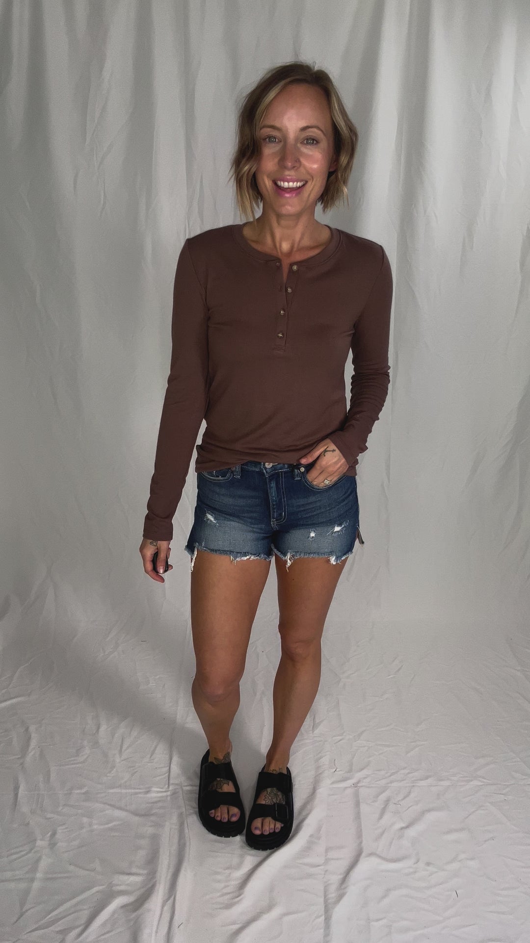 Macie Ultra Soft Long Sleeve Henley Top- ESPRESSO