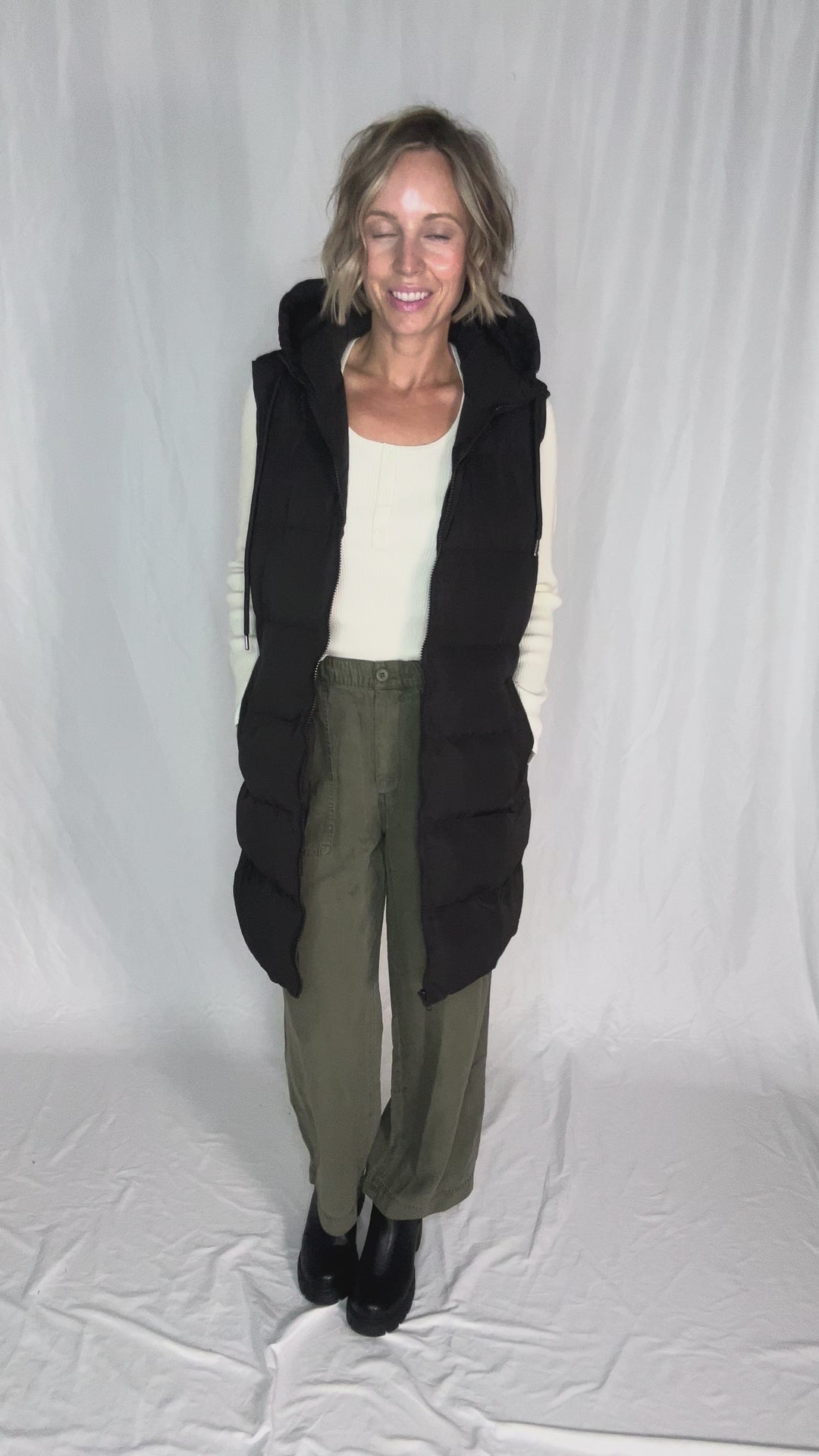Maria  Hooded Zipper Longline Puffer Vest- BLACK