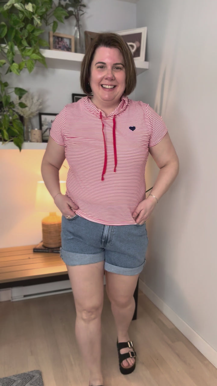 Cupid Short Sleeve Heart Hoodie Top- RED