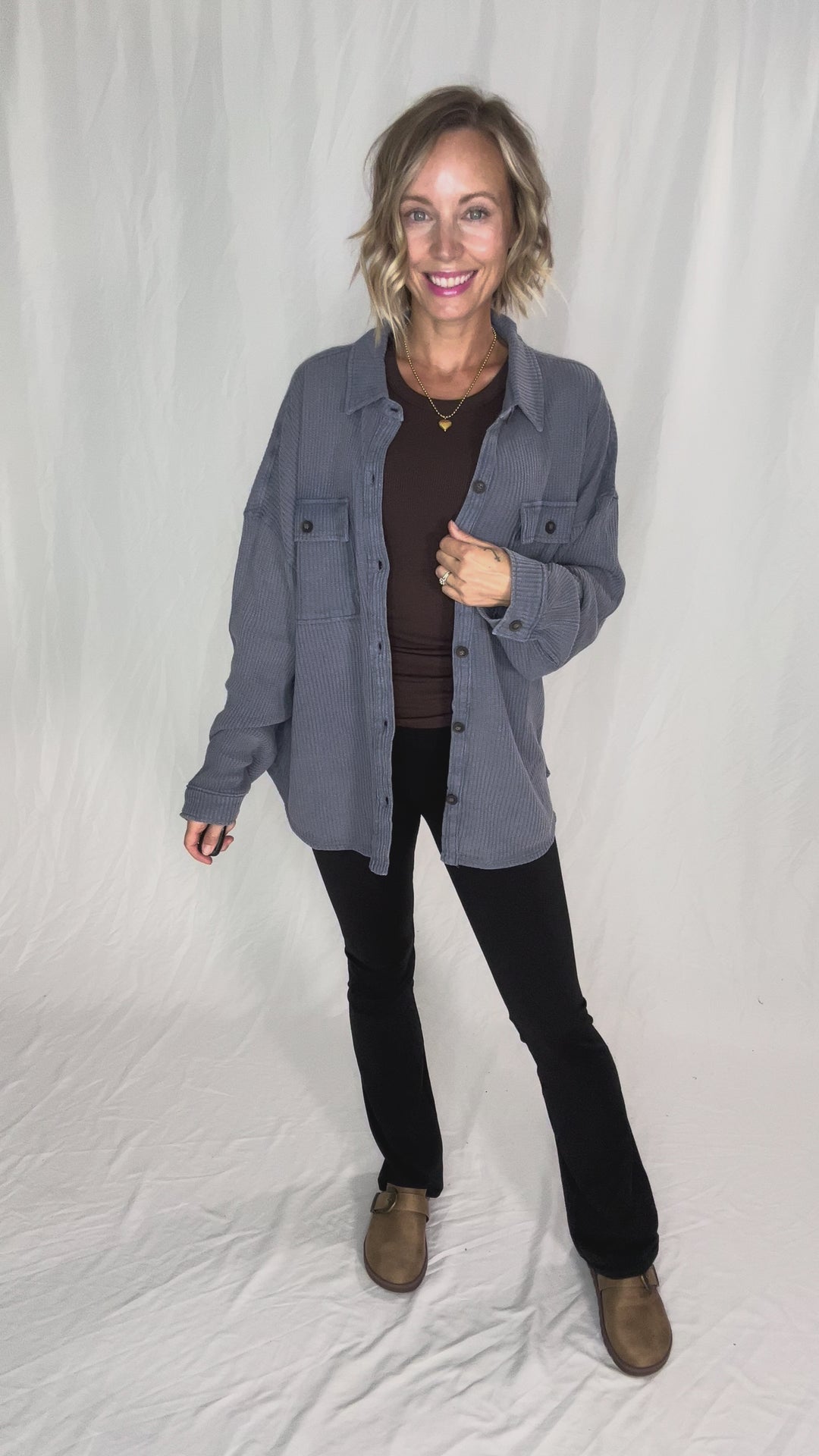 Ivy Waffle Shacket- DUSTY NAVY