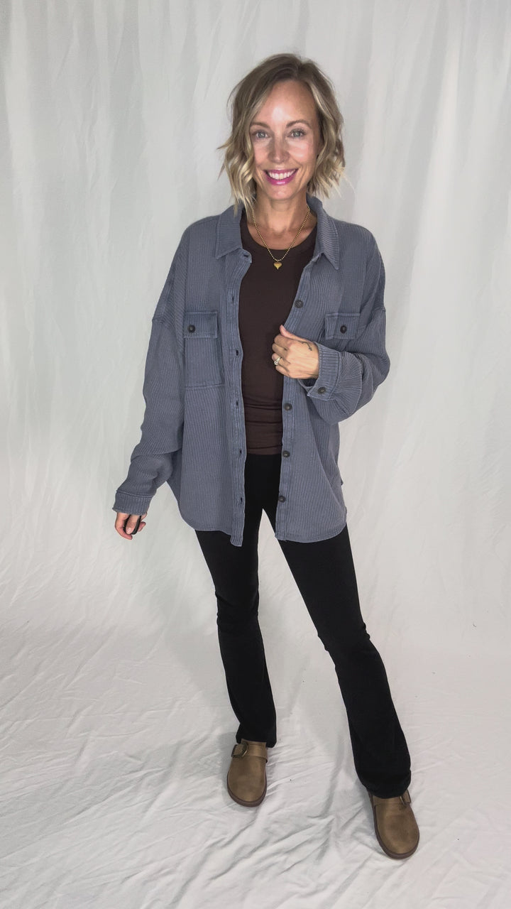 Ivy Waffle Shacket- DUSTY NAVY