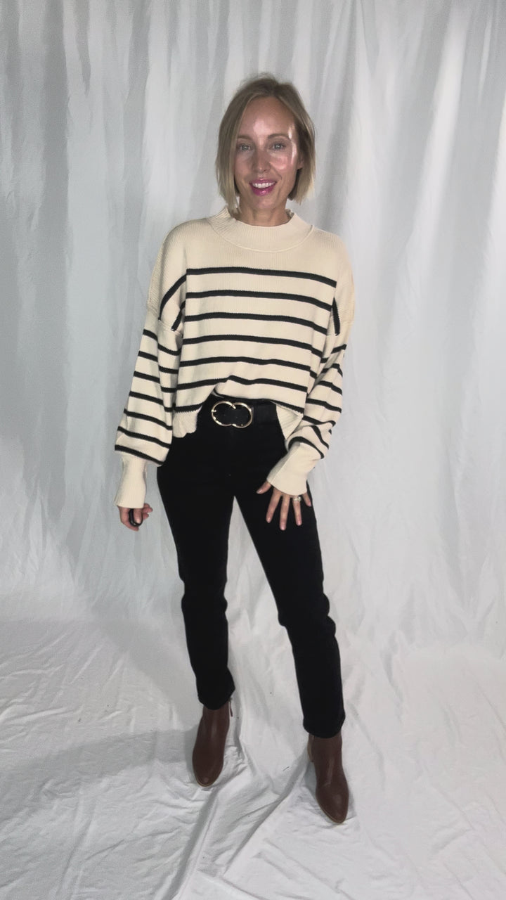 Tory Striped Ribbed Crewneck Sweater Top- KHAKI/BLACK