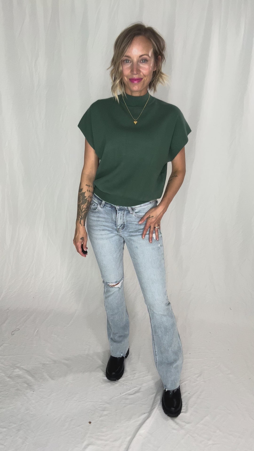 Scarlett Mock Neck Sweater Top- HUNTER GREEN