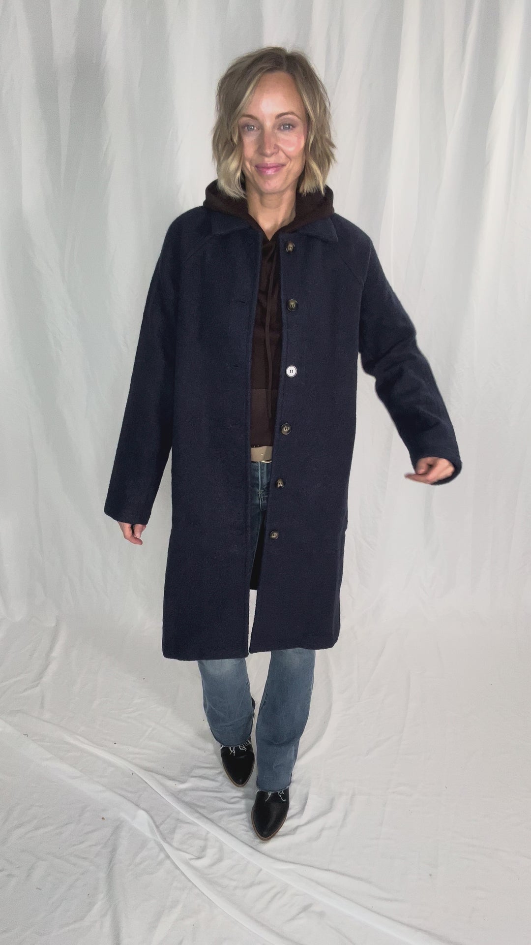 Frosty Boucle Long Button Coat- NAVY