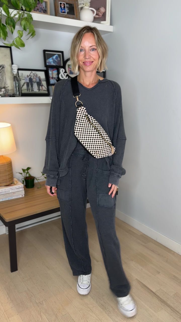 Jade Waffle Long Sleeve and Barrel Pant Set- BLACK