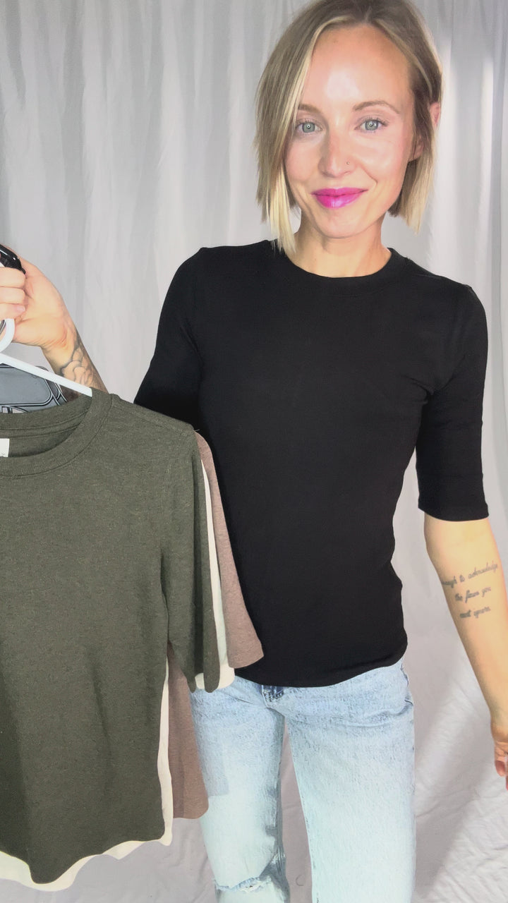 Janelle Soft Classic Ribbed Crewneck 1/2 Sleeve- NUTELLA