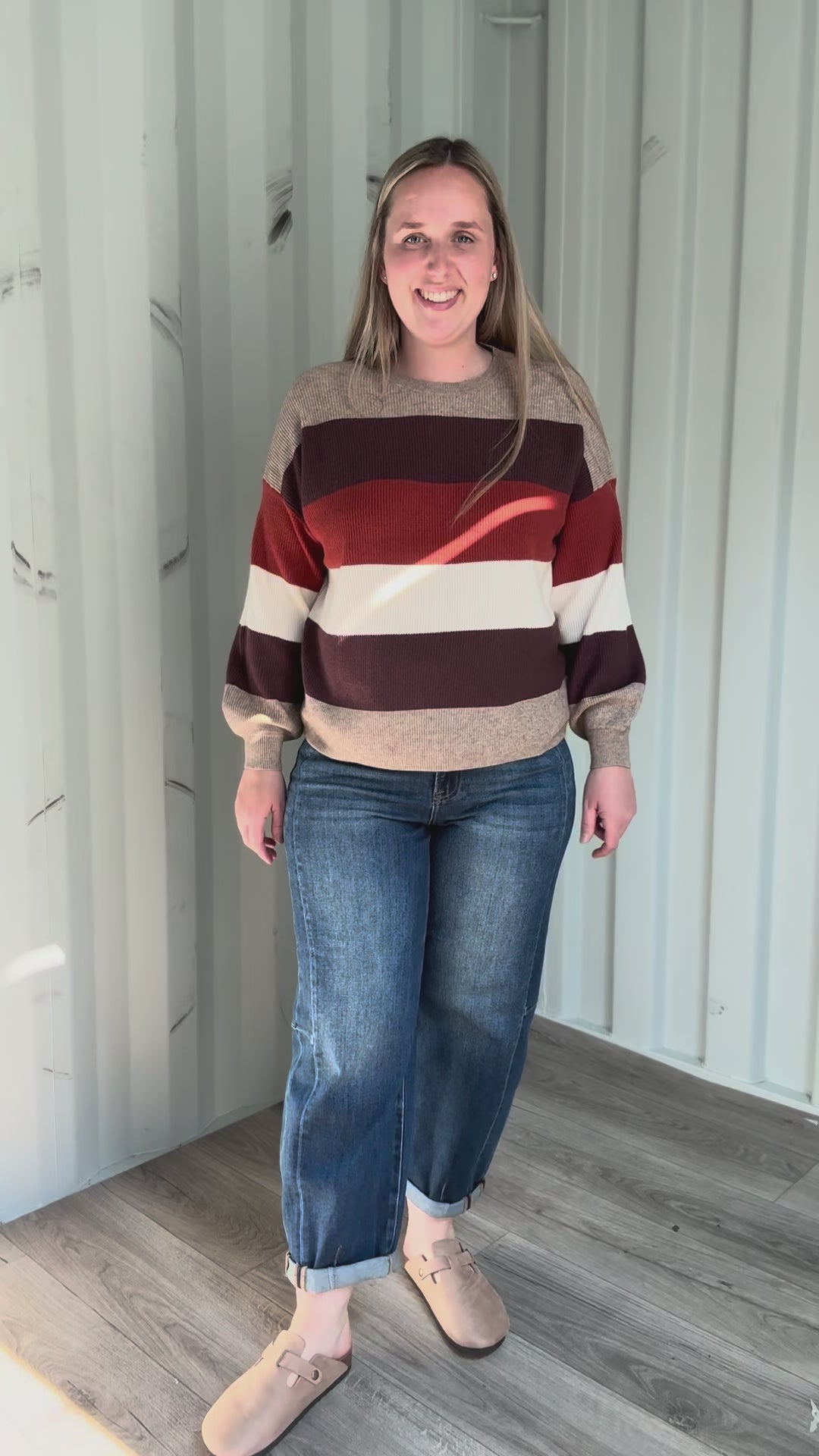 Only Atia Long Sleeve Stripe Sweater- BEIGE STRIPES