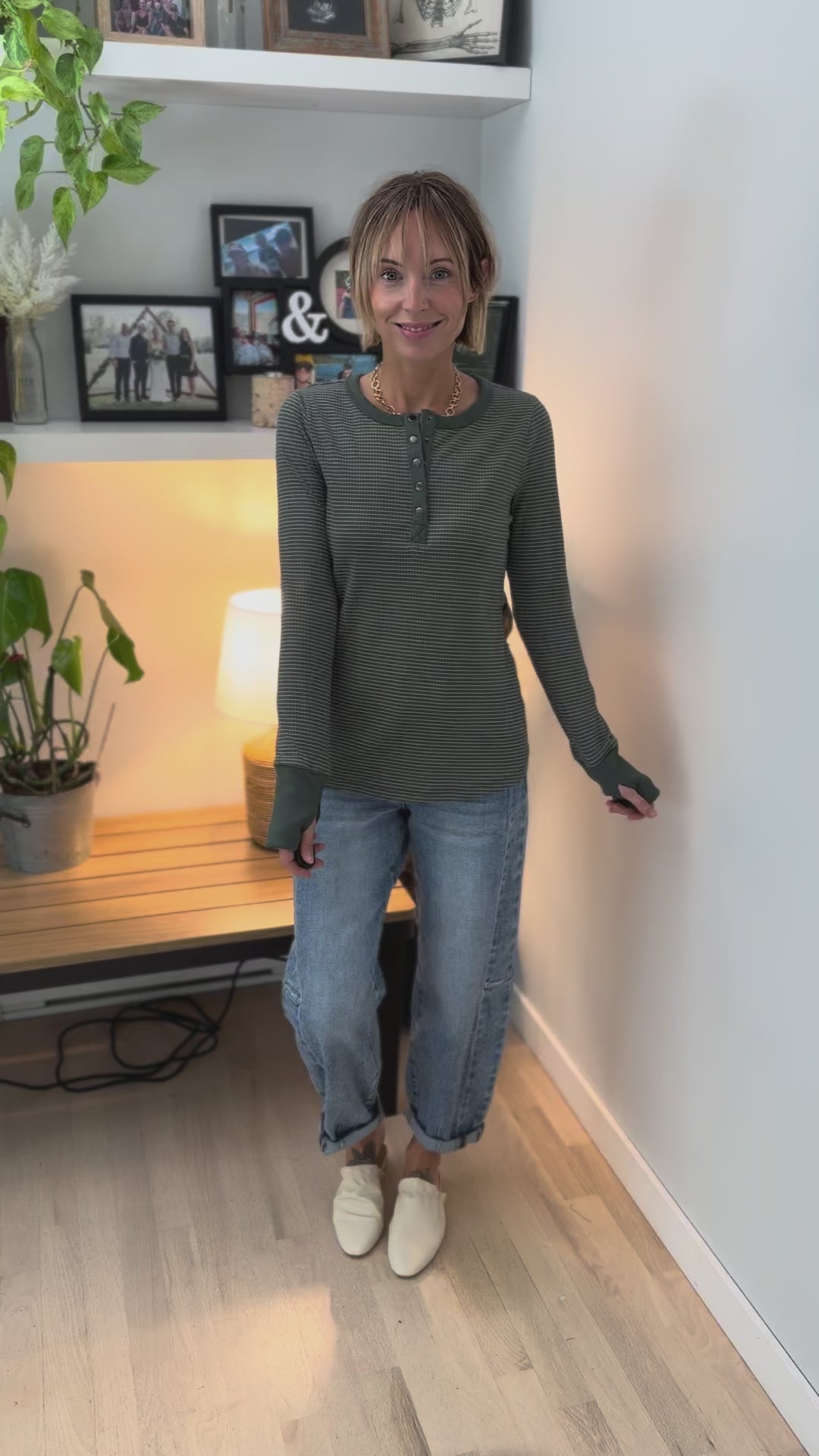 Drea Ribbed Snap Button Henley- FOREST