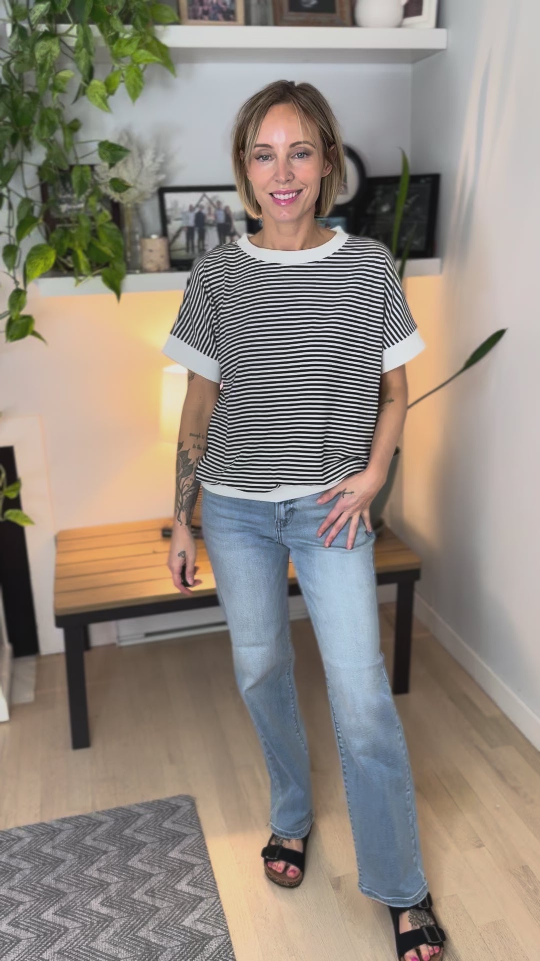 Casey Striped 1/2 Sleeve Top- BLACK